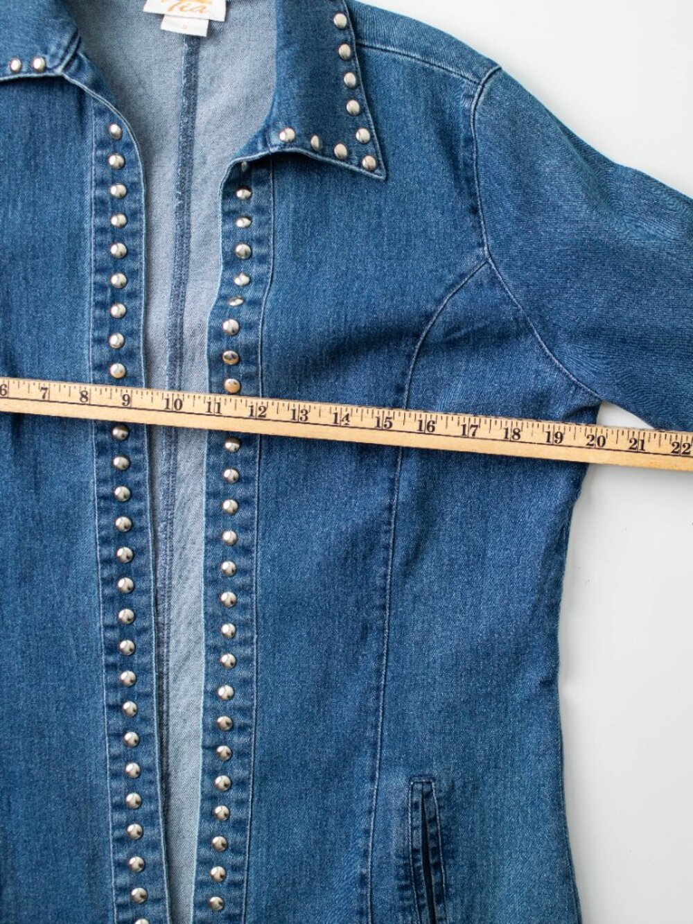 Tia Women's Small Studded Denim Duster Jacket Blue Open Front Stretch 3/4 Sleeve - Picture 10 of 10